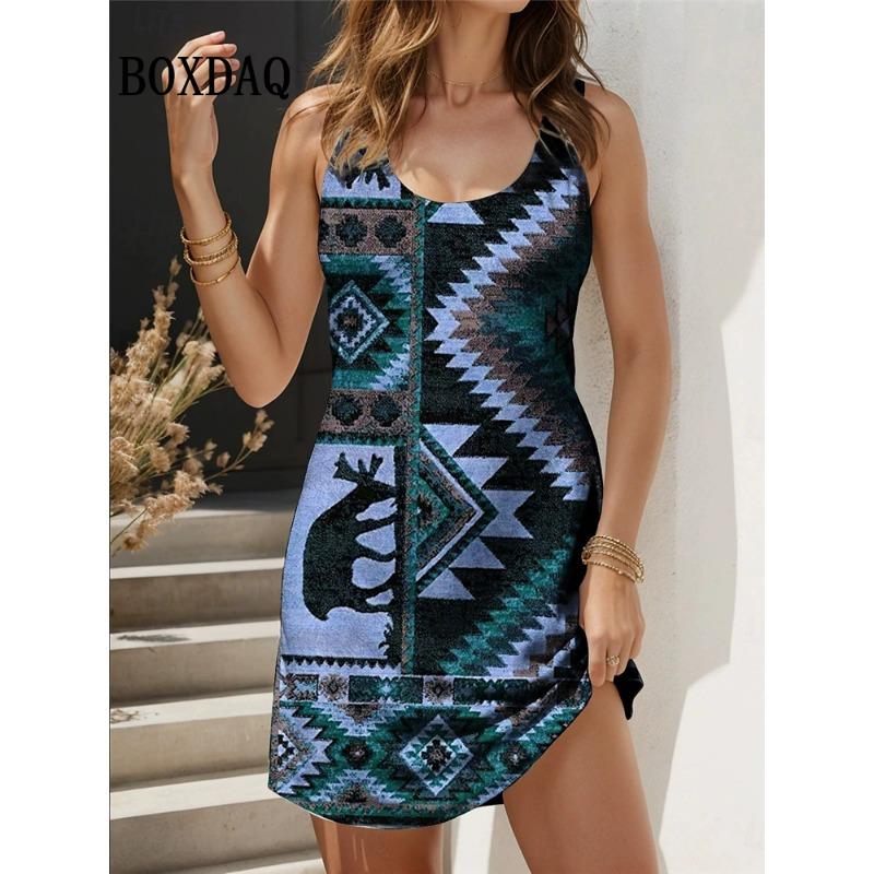 New Sundress Summer Casual Floral Print Dress Loose Vintage Ethnic Style O-Neck Sleeveless Dress For Women 2025 Fashion Clothing