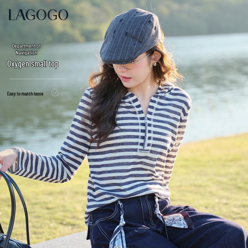 LAGOGO Women s Striped Hooded Long Sleeve T-Shirt M