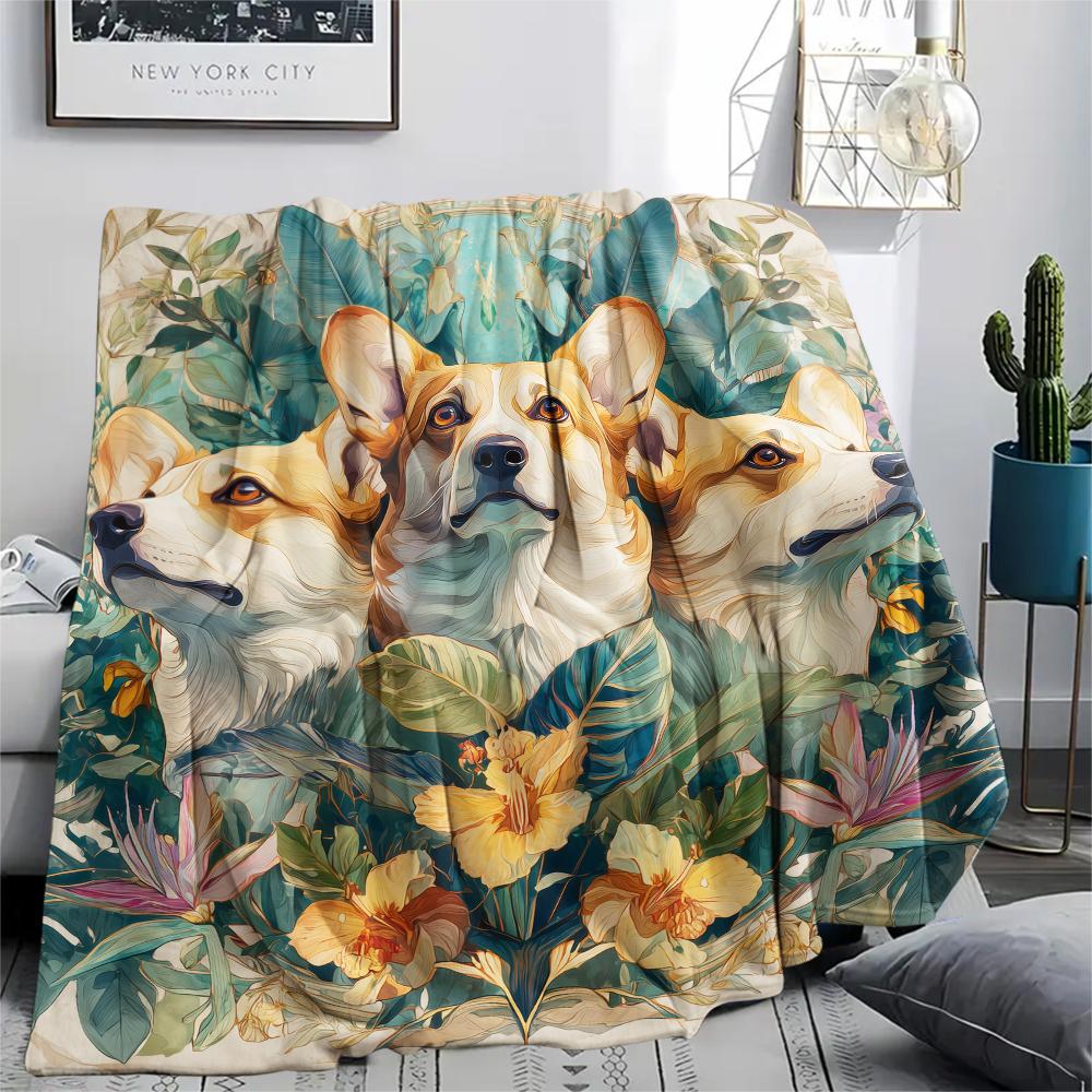 

Corgi and plants,pattern Flannel Blanket, High quality Comfortable for All Seasons, Home Decor, Warmth and Comfort, Perfect for Gifts. 80cm x 120cm