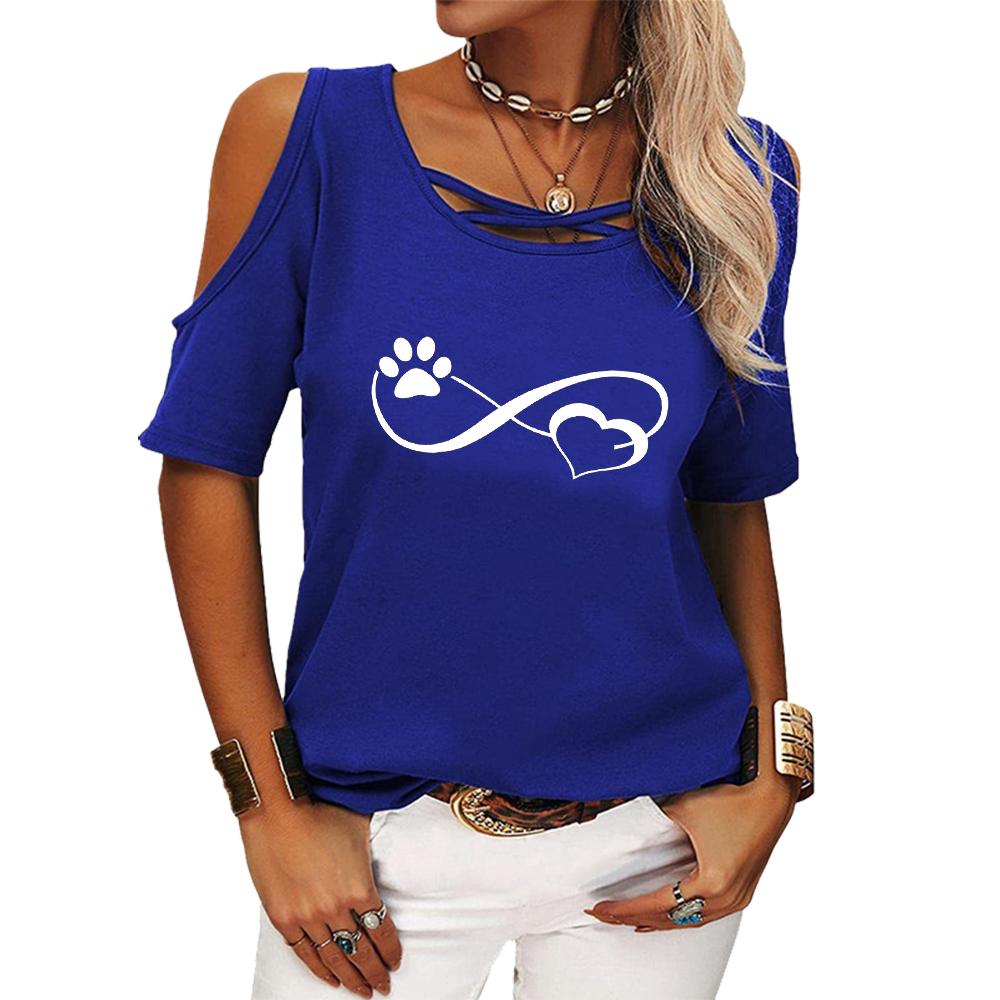 Damen Mode Print T-Shirt Sommer Schulterfrei Kurzarm Oberteil Damen Lässig Rundhals T-Shirt