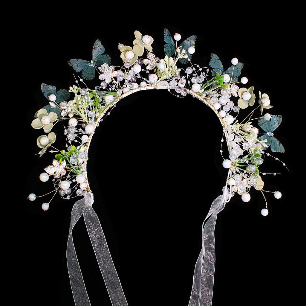 Bridal Hair Accessories Children'S Show Headgear Mori Fabric Flower Crown Colorful Crystal Alloy Leaf Butterfly Headband