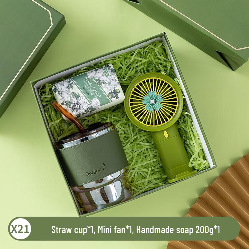 Festive Gift Set with Straw Cup, Mini Fan & Handmade Soap