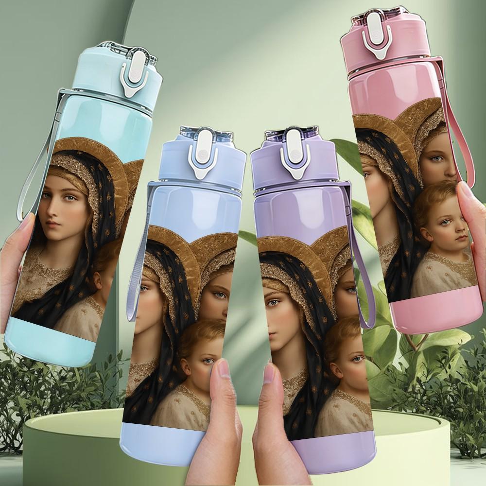 1PC Virgin Mary Holy Child Print 750ml Color Plastic Sports Water Bottle Leakproof Flip Straw Lid Suitable for Sports Office Home Use
