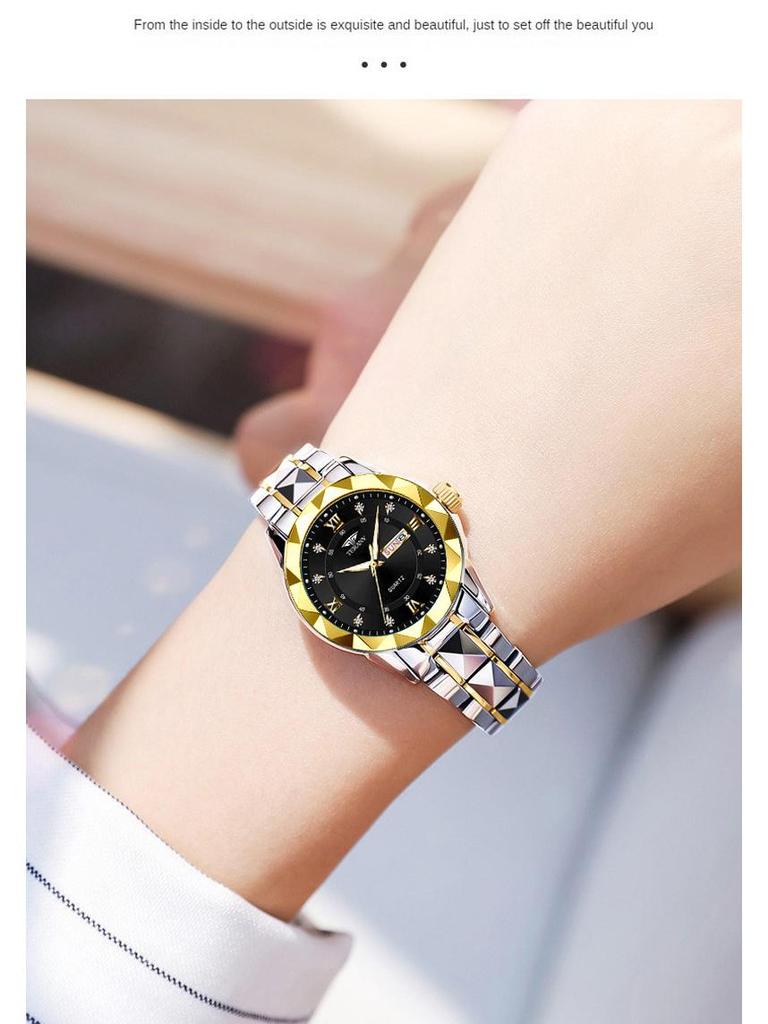 Women's Luminous Diamond Pattern Waterproof Quartz Watch with Double Calendar and Solid Band.