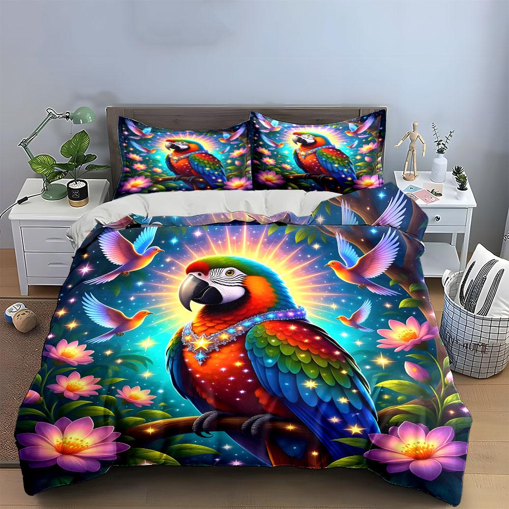 Vibrant Parrot and Flowers Bedding Duvet Cover Set  (1*Duvet Cover 2*Pillowcases, Without Duvet Insert)