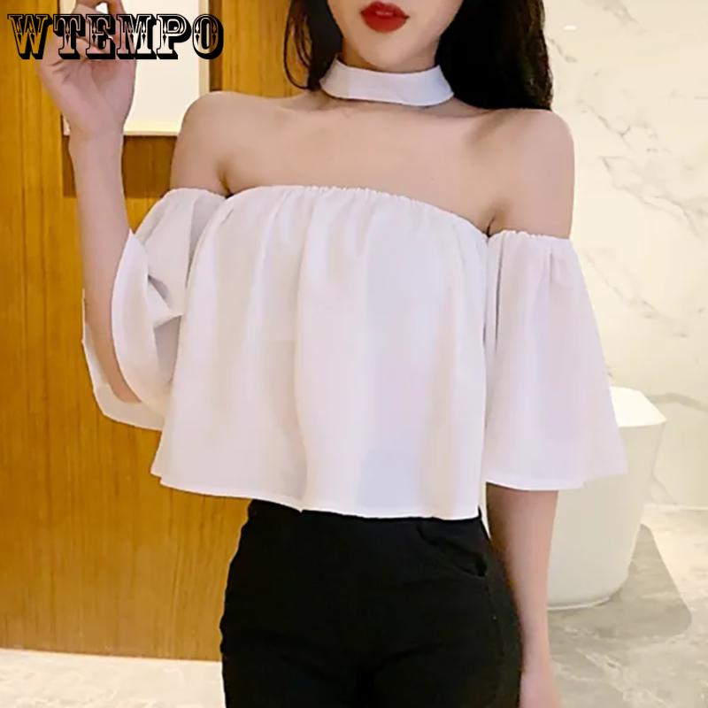 WTEMPO Léto s vypnutým ramenem Korejský styl Krátké topy s ohlávkou Dámské Jednobarevné Šifonové halenky Krátký rukáv Krátký rukáv