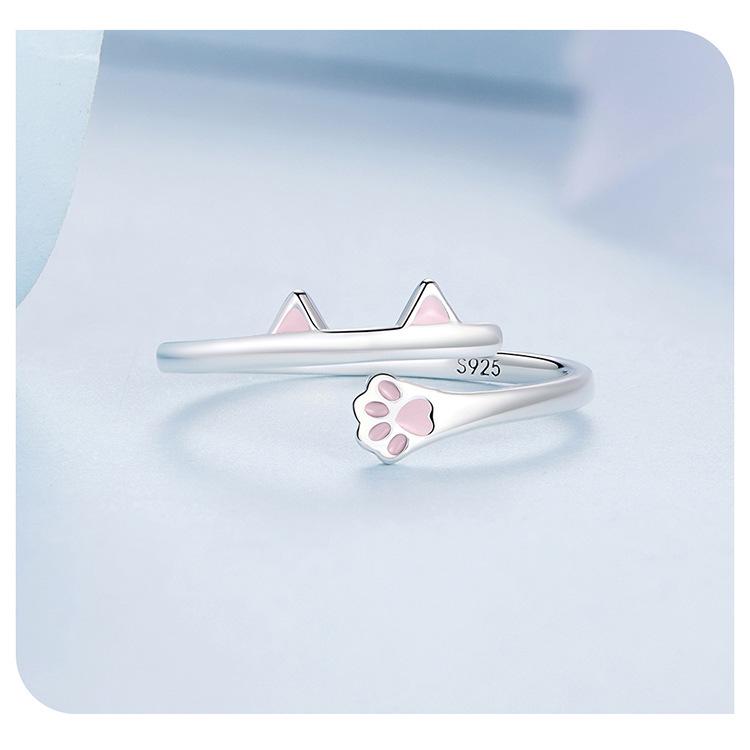 Ziyun S925 Silver Cat Open Ring with Pink Heart and Paw Print Design BSR316