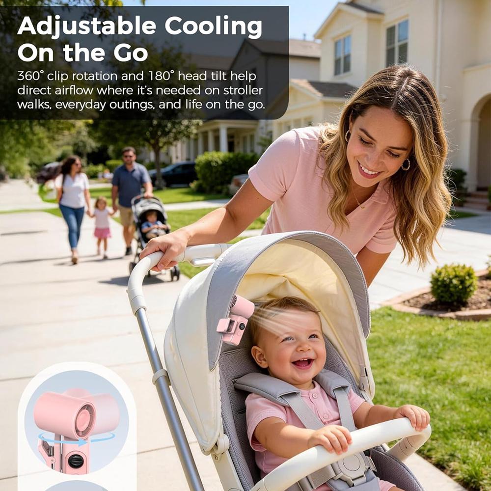 Clip-On Portable Fan Rechargeable Handheld Mini Fan with LED Display, 360° Rotating Detachable Clip, Stroller Fan for Baby