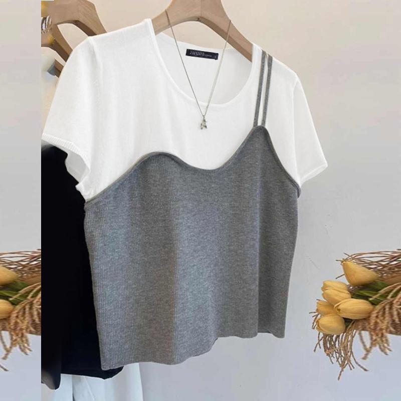 

ZANZEA Женские повседневные поддельные двухсекционные футболки с коротким рукавом в стиле пэчворк S серый