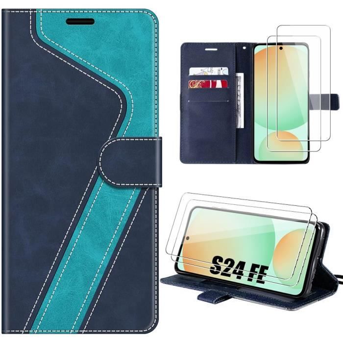 Coque pour samsung galaxy s24 fe (pas pour s24) - coque synthécuir bleu anti-rayures + 2 verres trempés