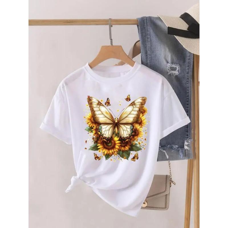 Krótki Rękaw Damski Nadruk Letnia Koszulka Modne Ubrania Koszulki Graficzne Kwiaty Akwarelowe Urocze Ubrania Damska Codzienna Koszulka