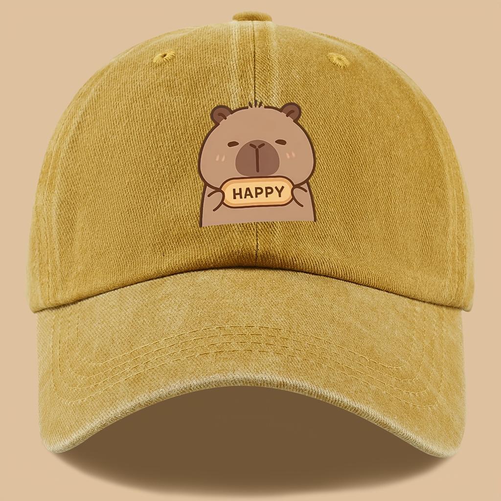 pc Capybara Happy Print Trucker Hat  Vintage Washed Adjustable Baseball Cap Breathable Unisex Outdoor Sun Hat with Cute Carto