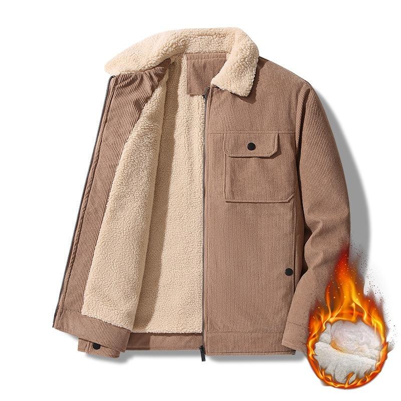 Corduroy Lapel Work Jacket for Winter Men's Plush Thickened Lamb Velvet Jacket for Middle-aged and Elderly Cotton Clothing