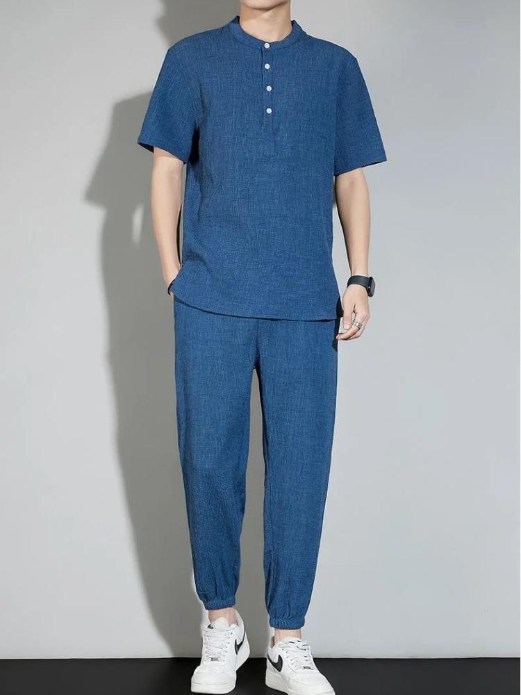 Summer Solid Color Ice Silk Sports Breathable Short Sleeve T-shirt Set Men's Casual Loose Large Size Two-Piece Set