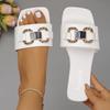 White Flat Slippers for Women Summer Design Soft Non-slip Metal Buckle Sandals Square Head Outdoor Beach Slippers Women Slippers