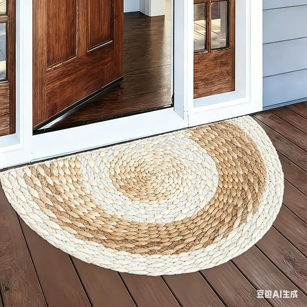 Tapis de porte semi-circulaire aspect tissé naturel Tapis d'entrée demi-lune antidérapant Style rustique Tapis de bienvenue pour décoration de ferme et de jardin 50x80cm-Felt