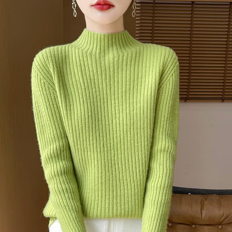 Women's Cashmere Striped Slimming Knit Sweater - Half-High Neck Autumn/Winter Base Layer