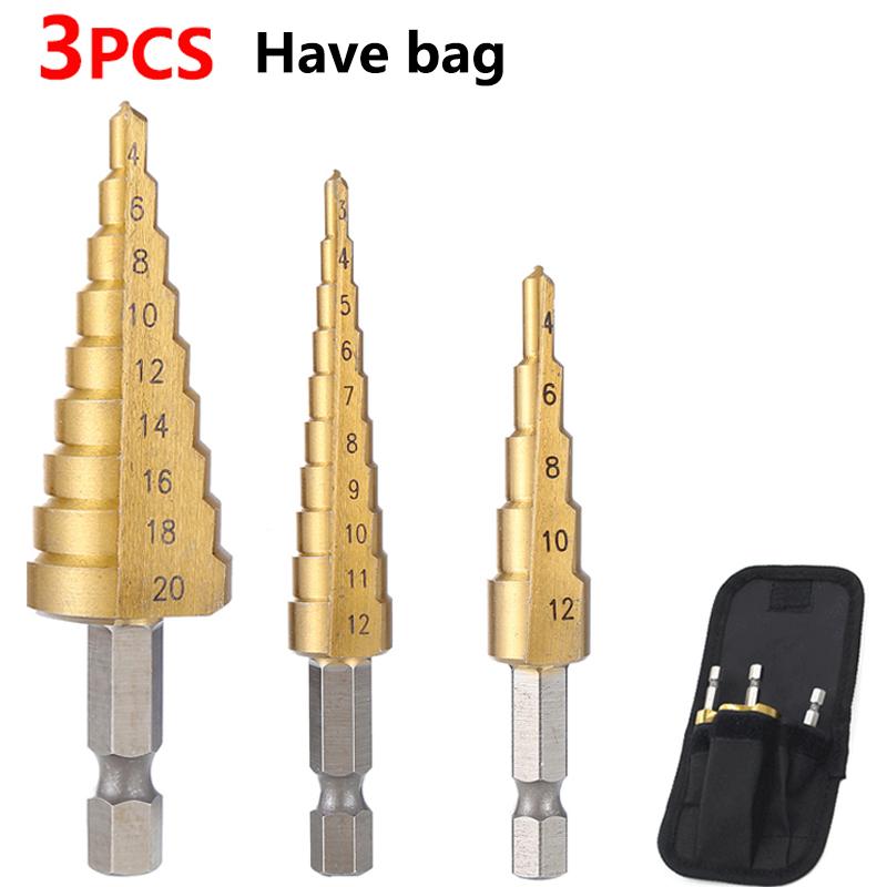 3pcs 3-12mm 4-12mm 4-20mm HSS Straight Groove Step Drill Bit Set Titanium Coated Wood Metal Hole Cutter Core Drill Bit Set