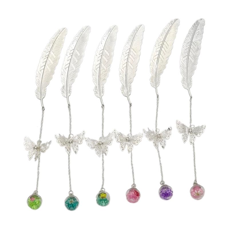 Popular Chinese Metal Feather Bookmark with Dried Flower and Butterfly Design - Perfect Teacher's Day Gift