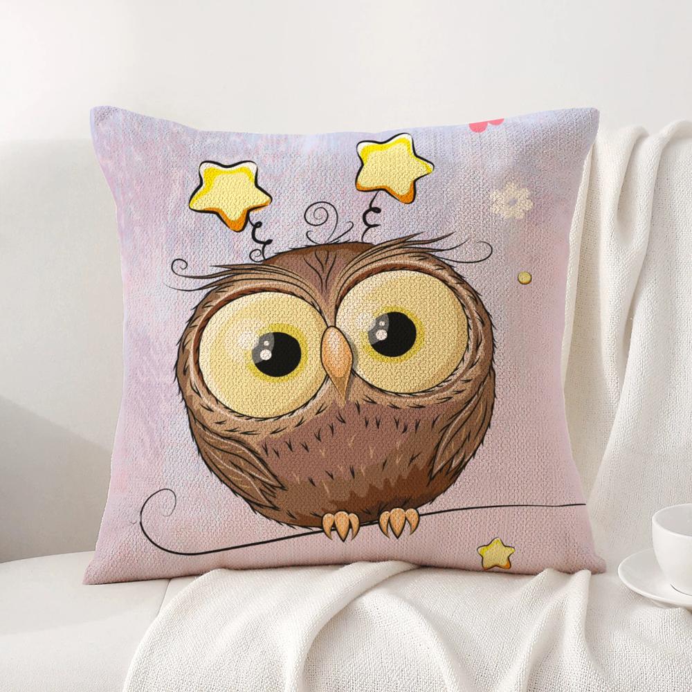Cute Cartoon Owl Cushion Cover Natural Linen Organic Fabric DoubleSided Printing Sofa Home Decor Breathable Bed Pillow
