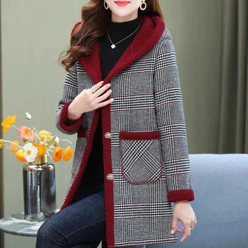 Add Velvet Plaid Coat Female Middle Aged Women's Mid-Length Cotton-Padded Jackets Winter Hooded Warm Cold-Proof Overcoat