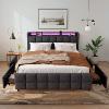 Smart Fabric Bed with RGB Music Sync Lights Charging Station AC USB Type C Ports 4 Storage Drawers Beige Grey Queen Size