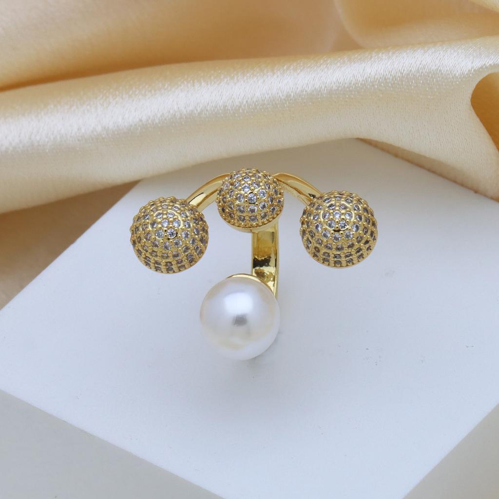 Round Ball Pearl Gold Plated Zirconium Open Ring Women'S Personality Light Luxury Premium Ring