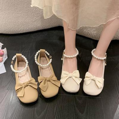 Bow Pearl Chain Mary Jane Small Leather Shoes Summer Korean Version Sweet Small Fragrant Soft-soled Single Shoes