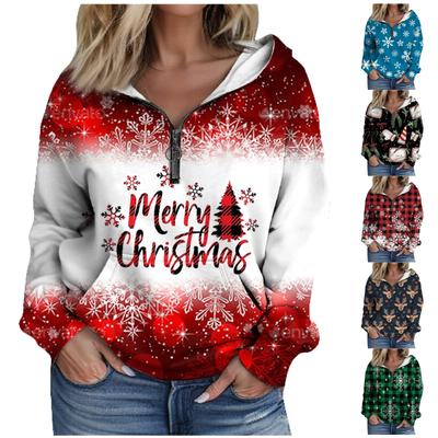 Women's Fashion Christmas Print Long Sleeve Loose Half Zip Hooded Sweater With Pockets