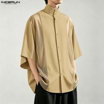 Oversized Men Lapel Neck Short Sleeve Mesh Patchwork Casual Loose Shirts