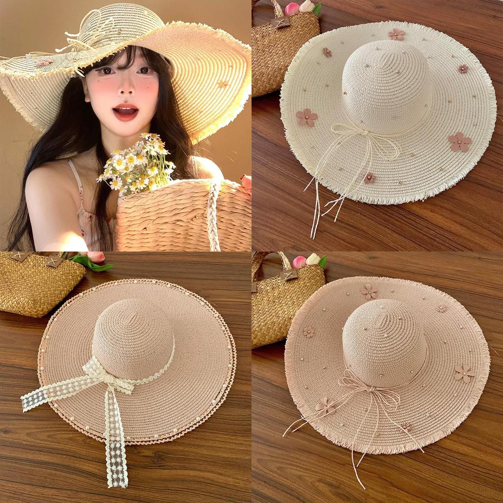 French Lace Bow Summer Wide Brim Hat For Sun Protection Beach Vacation Fans