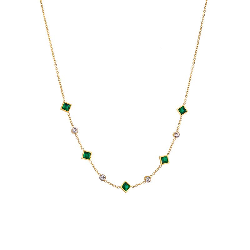 Gold Y-Necklace with Green Square Gems Clear Zircon, Dainty Pendant Necklace for Women Everyday Jewelry Gift