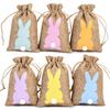 6pcs Easter Burlap Candy Bags Cute Bunny Linen Treat Gift Bags Kids Happy Easter Party Decoration Cookie Snack Packing Supplies