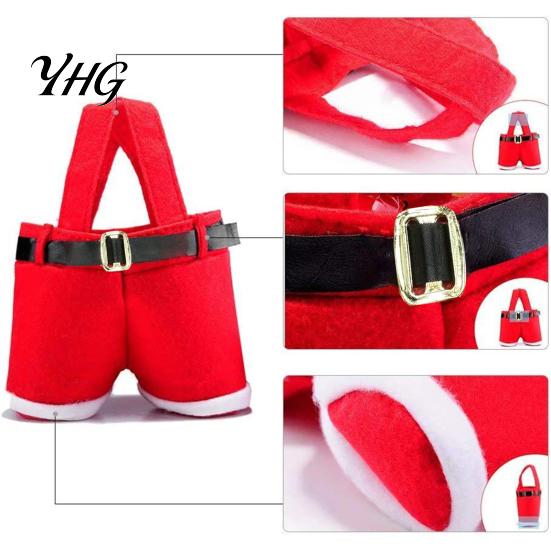 Christmas Tree Hanging Decor Santa Pants Gift Bag, Red Plush Candy Tote with Handles Soft Velvet Style Bags for Wine Bottle, Holiday Party Favor