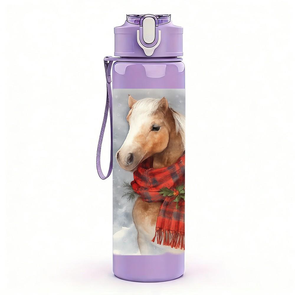 1 Stück Pferd mit Schal Winter-Print 750 ml Farbe Kunststoff Sport-Wasserflasche Auslaufsicher Klappdeckel mit Strohhalm Geeignet für Sport, Büro, Heimgebrauch