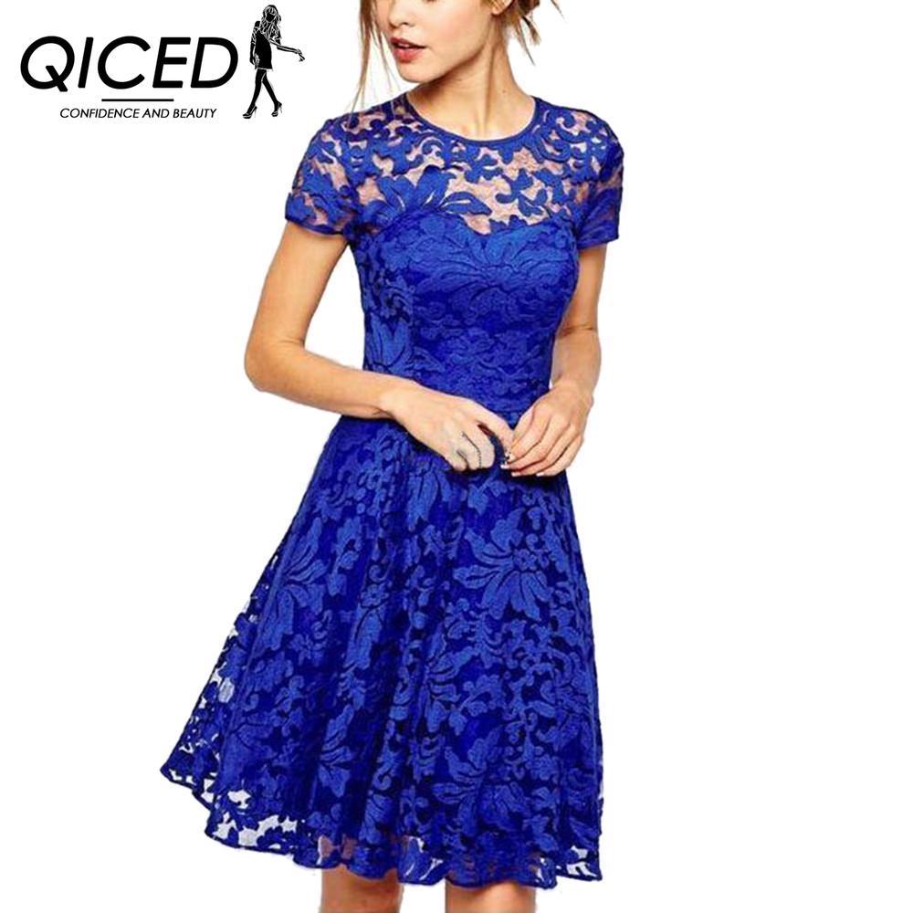 

QICED Стильный синий кружевной вырез с круглым вырезом и короткими рукавами M синий