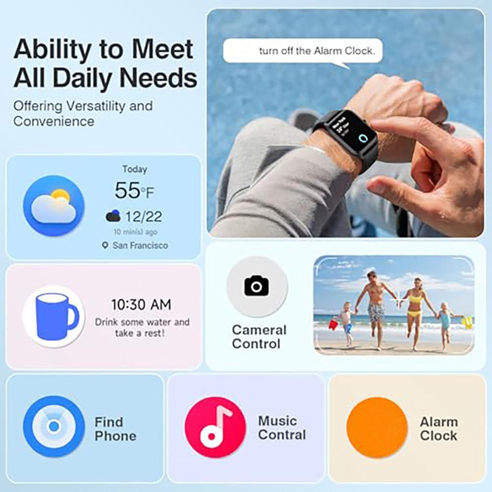 Men's/Women's Smart Watch, QTLLBT Heart Rate, Sleep Monitoring, Waterproof Smart Watch, Pedometer, with Wireless Call and Message Reminder