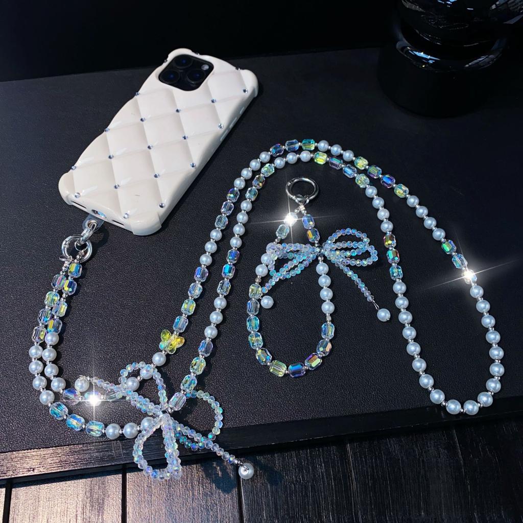 Crossbody Bowknot Phone Chain Simple Handmade Beaded Crossbody Phone Chain Bead Style Wrist Crystal Hanging Chain for Women