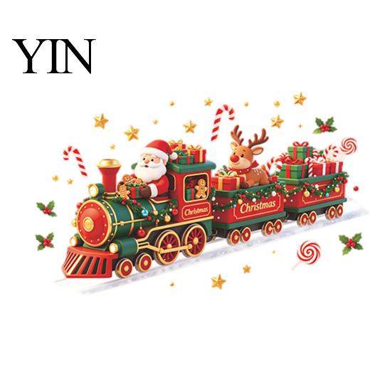 Self Adhesive Holiday Mural Christmas Train Wall Sticker, Santa Claus Reindeer Decals, Window Clings Murals, Removable PVC Art Decor for Home