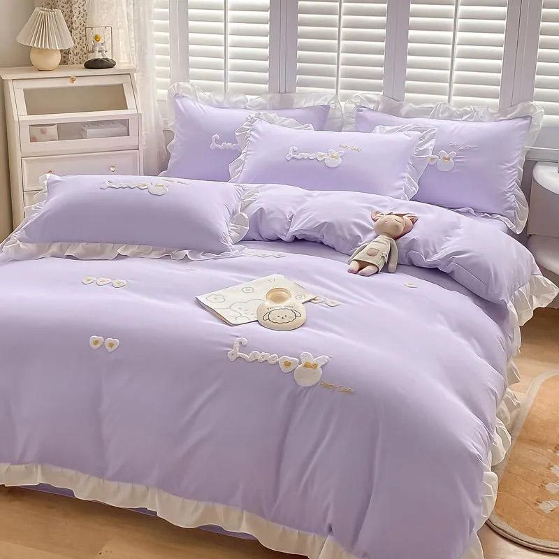 4pcs/set Cartoon Washed Cotton Quilt Cover Princess Style Sheet Cover Korean Cute Fresh Naked Sleeping Comfortable Student Bedding Four-piece Set