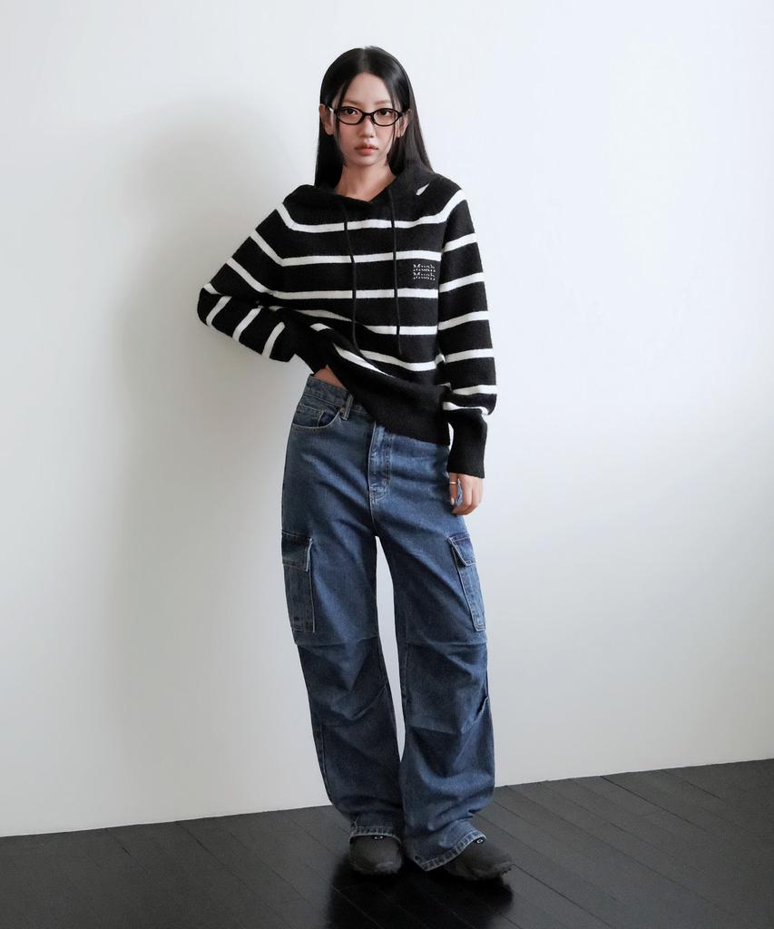 MUAHMUAH Striped Wool Brushed Hoodie Knit [Black]