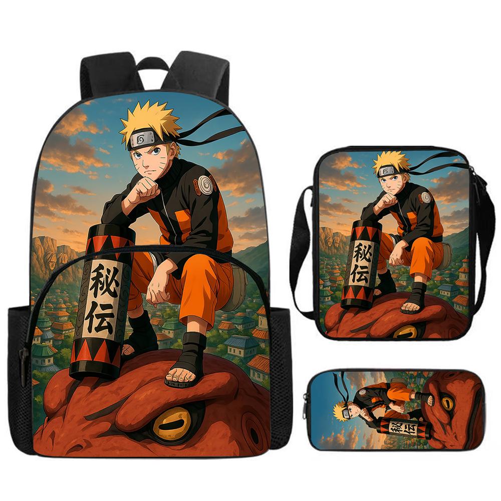 3Pcs Set NARUTO Anime School Backpack With Front Pocket & Crossbody Bag & Pencil Bag,Durable&Lightweight,for Boys&Girls Age 5-11