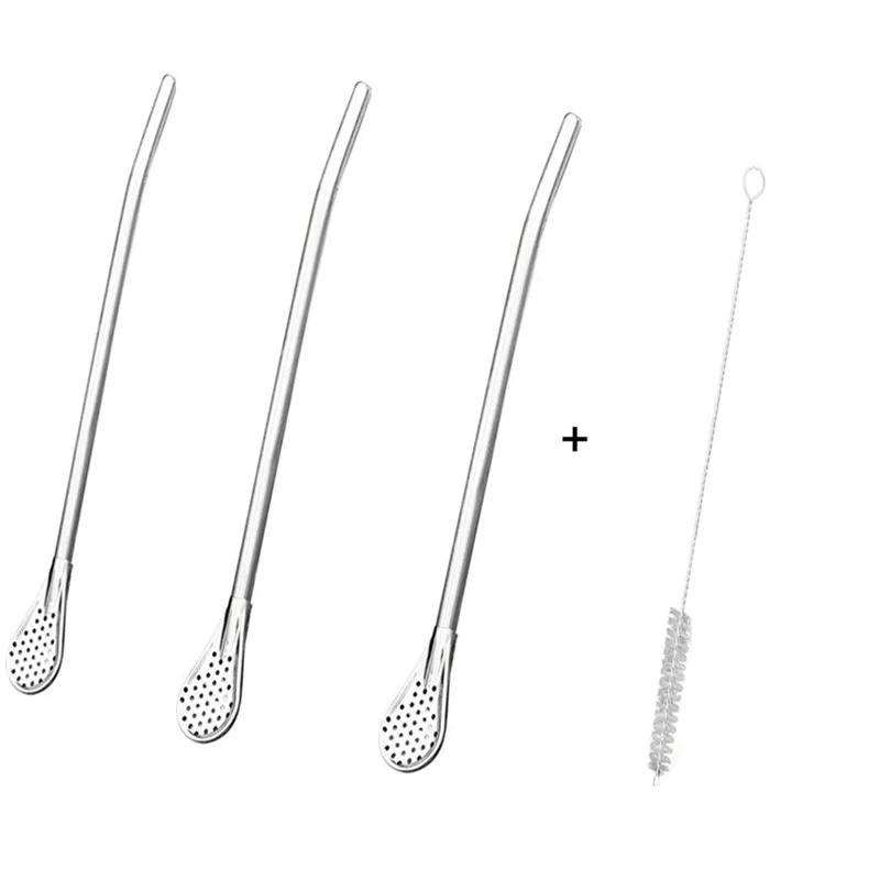 Stainless Steel Straw Spoon And Cleaning Brush, Drinking Spoon Straws With Filter, Metal Stirrer For Coffee Loose Tea Cocktail