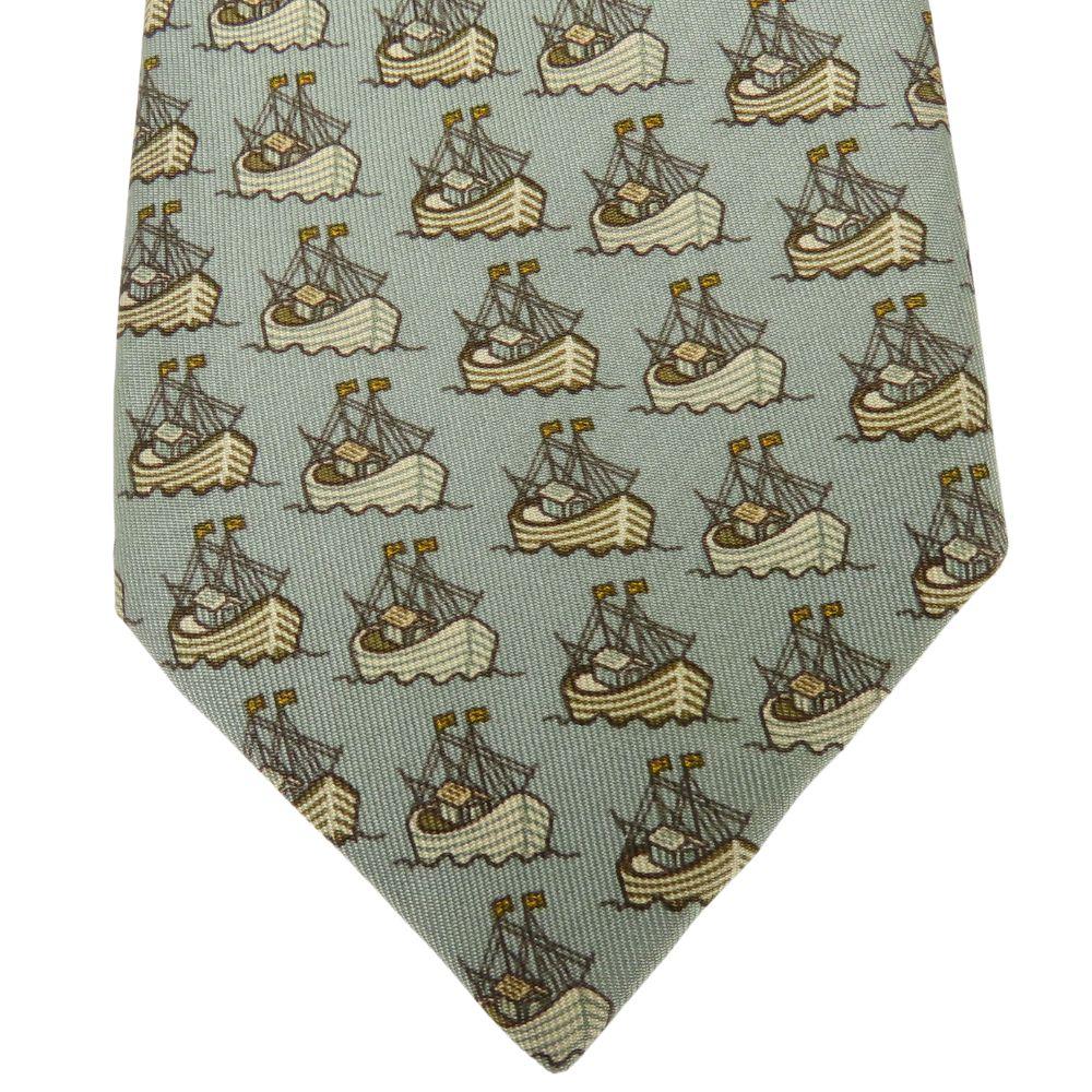 Used HERMES Tie Ship Motif Silk Dark Marks Green Business