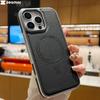 Plating Frame Leather Matte For Magsafe Case For iPhone 16 13 14 15 Pro Max Magnetic Wireless Charge Business Bumper Armor Cover