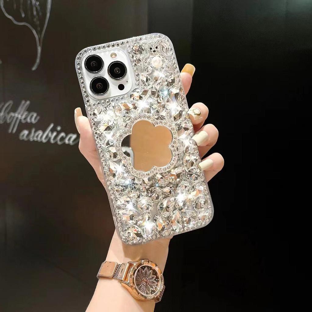 Diamond Pearl Bear Stand Mirror with Anti-Fall for Apple 15PRO/14/13 Mobile Phone Case