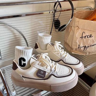 Autumn New Flat Cream White Shoes Women's Color Matching Lace-up Fashion Casual Sneaker Board Shoes Women