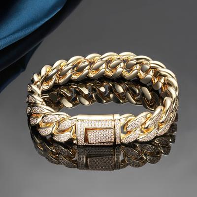 Pulsera Cadena Cubana Hip Hop Callejero Pulsera de Diamantes para Hombres y Mujeres 15mm Tendencia, Cadena de Circonita