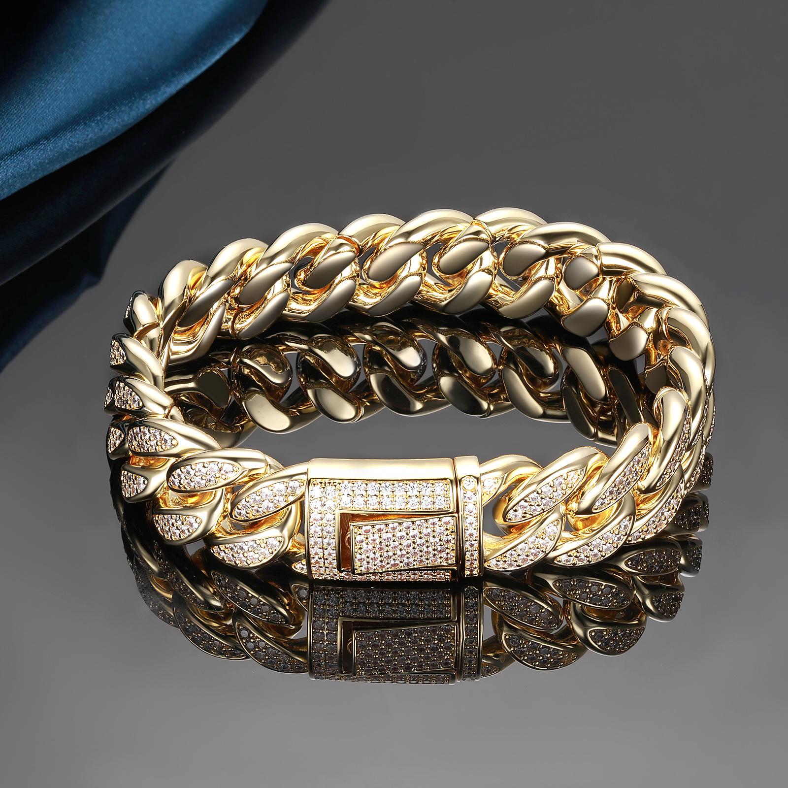 22646 Women's Gold/Silver A Street Hip Hop Cuban Chain Bracelet Diamond Bracelet Men's And 15Mm Tide, Zircon Chain