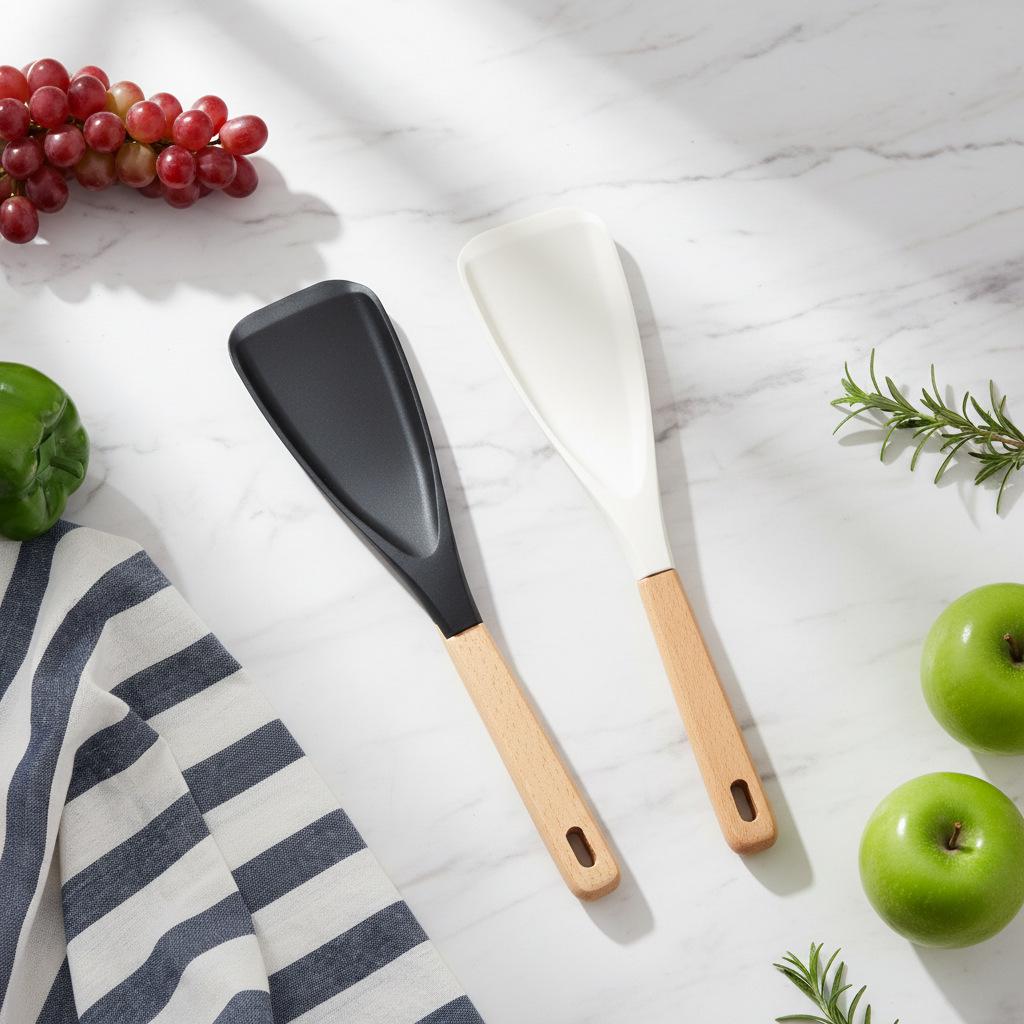 Food-Grade Silicone Spatula with Wooden Handle: Non-Stick, Heat-Resistant Cooking Utensil for Salads, Pans, Rice, and Ice Scooping